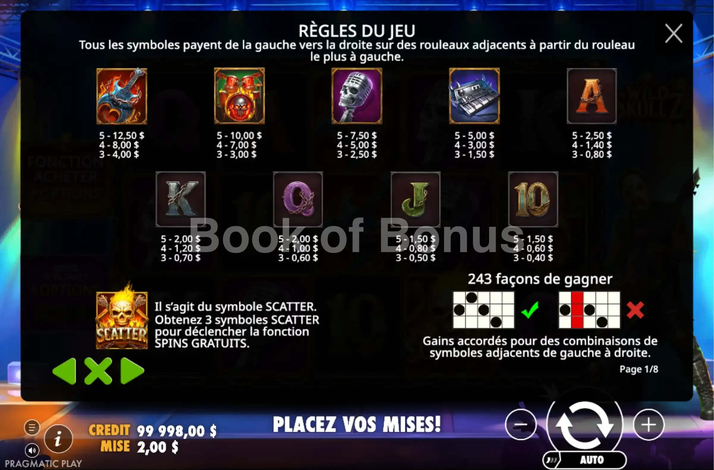 Wild Skullz par Pragmatic Play - table des gains et valeurs des symboles