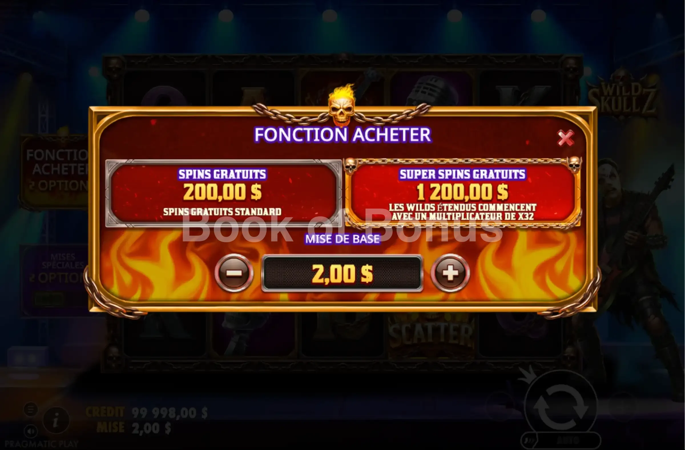 Wild Skullz par Pragmatic Play - menu d'achat de bonus et options