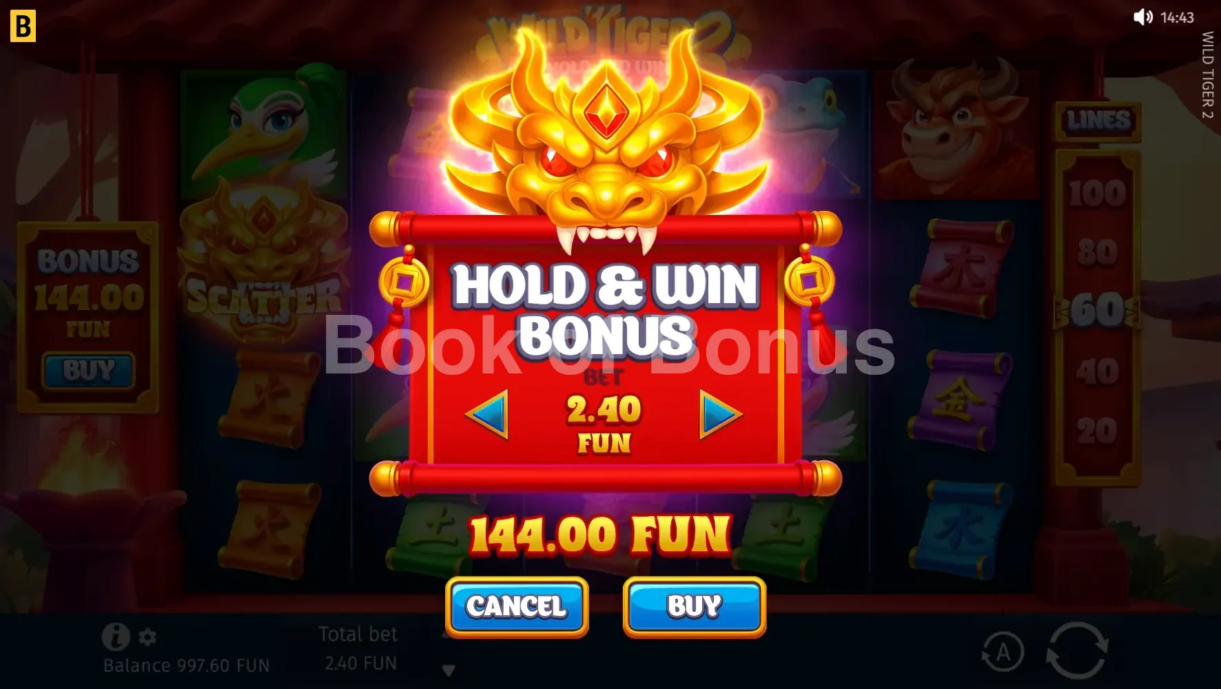Wild Tiger 2 par BGaming - menu d'achat de bonus et options