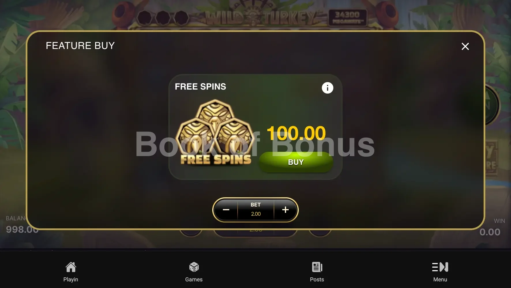 Wild Turkey Megaways par NetEnt - menu d'achat de bonus et options