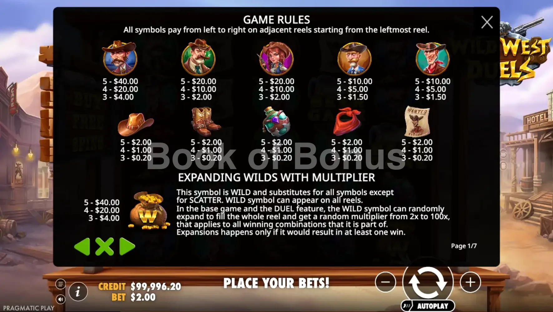 Wild West Duels par Pragmatic Play - table des gains et valeurs des symboles