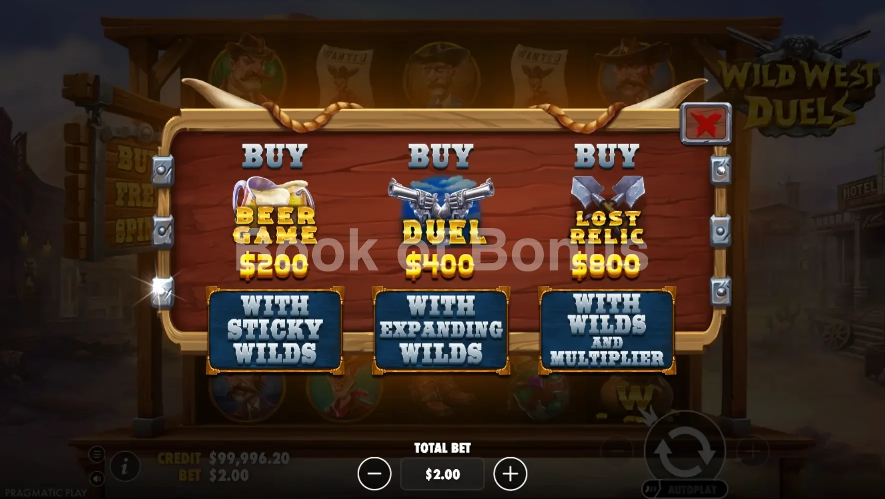 Wild West Duels par Pragmatic Play - menu d'achat de bonus et options