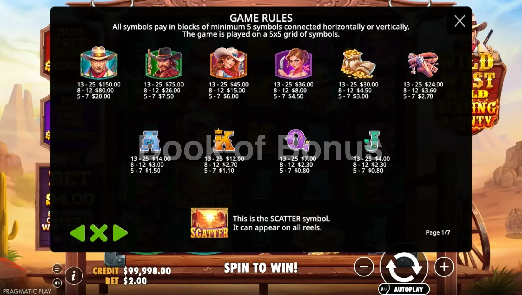 Wild West Gold Blazing Bounty par Pragmatic Play - table des gains et valeurs des symboles