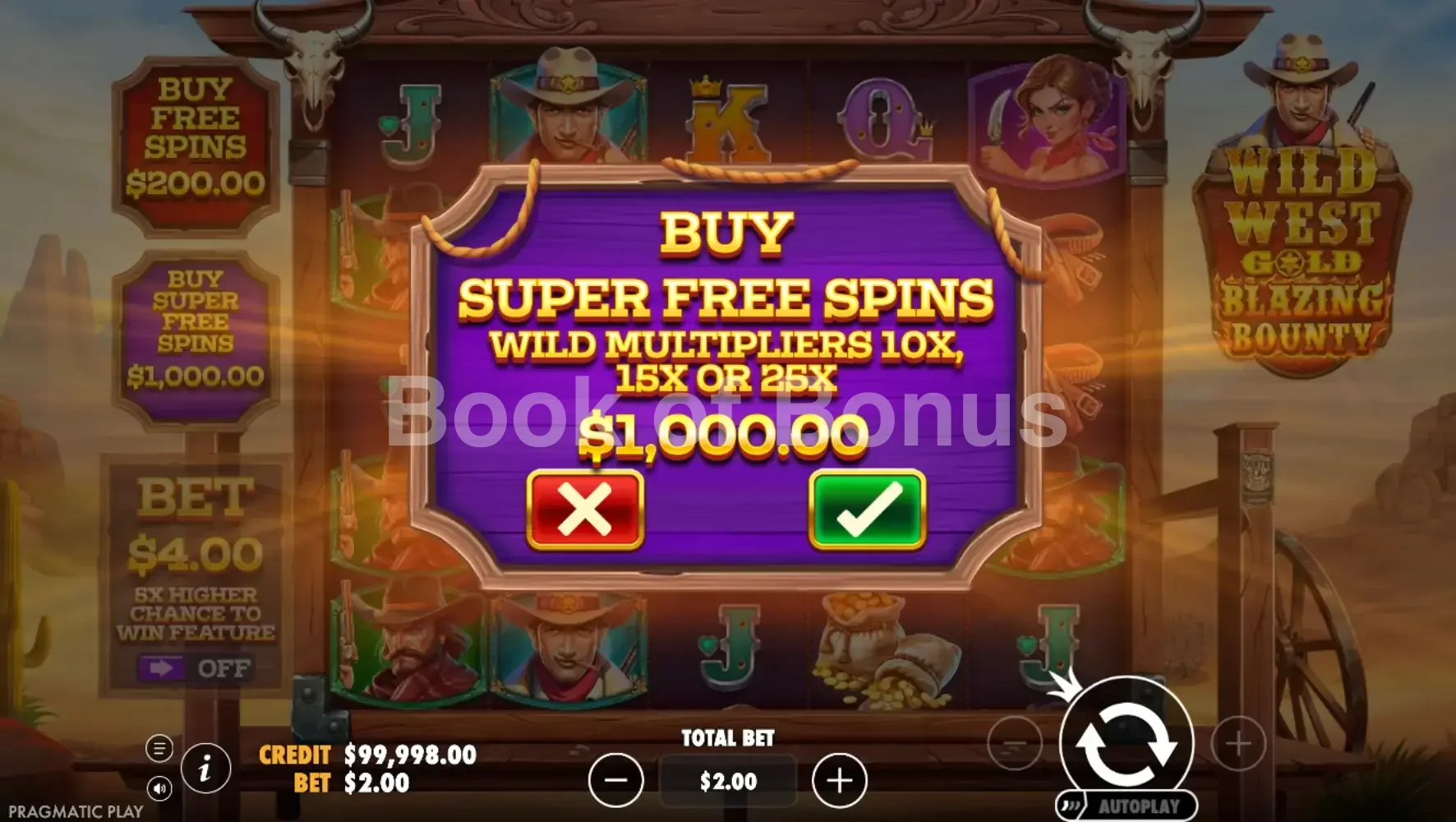 Wild West Gold Blazing Bounty par Pragmatic Play - menu d'achat de bonus et options