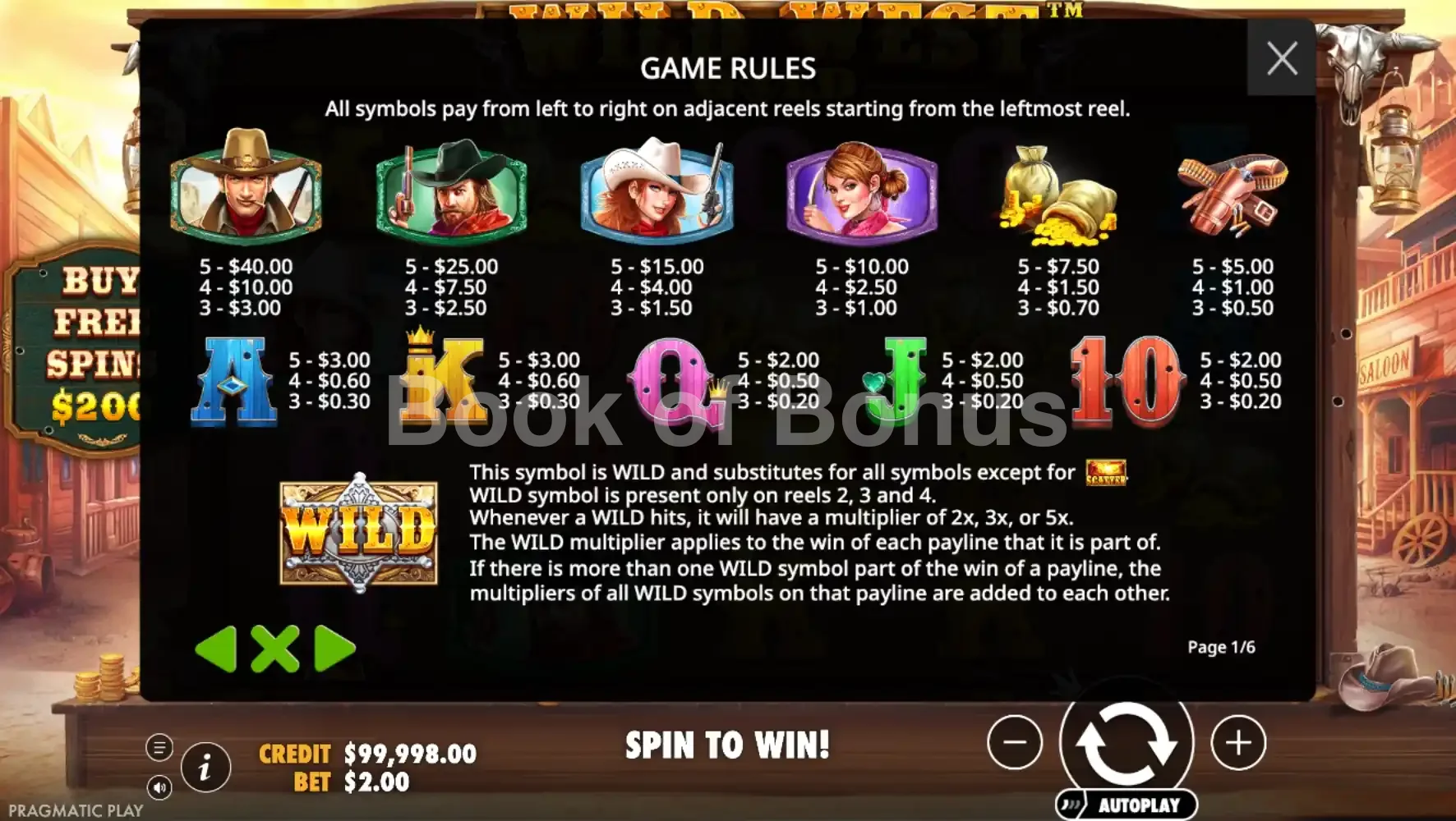 Wild West Gold par Pragmatic Play - table des gains et valeurs des symboles