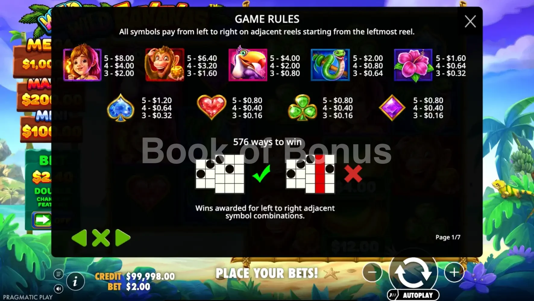 Wild Wild Bananas par Pragmatic Play - table des gains et valeurs des symboles