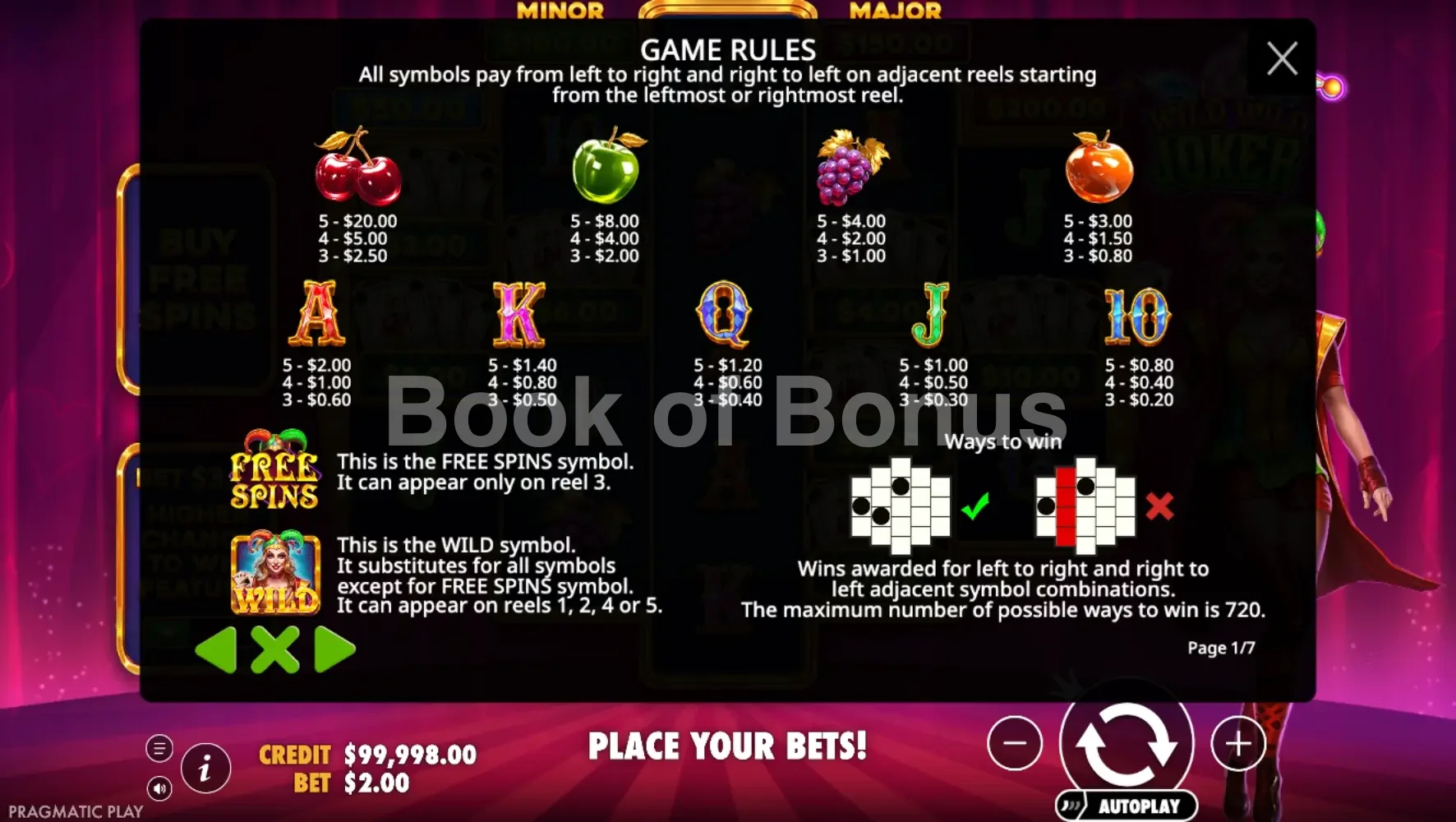 Wild Wild Joker par Pragmatic Play - table des gains et valeurs des symboles
