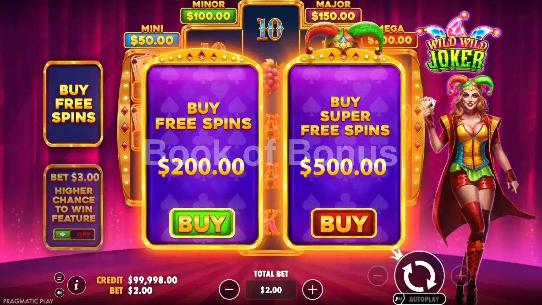 Wild Wild Joker par Pragmatic Play - menu d'achat de bonus et options