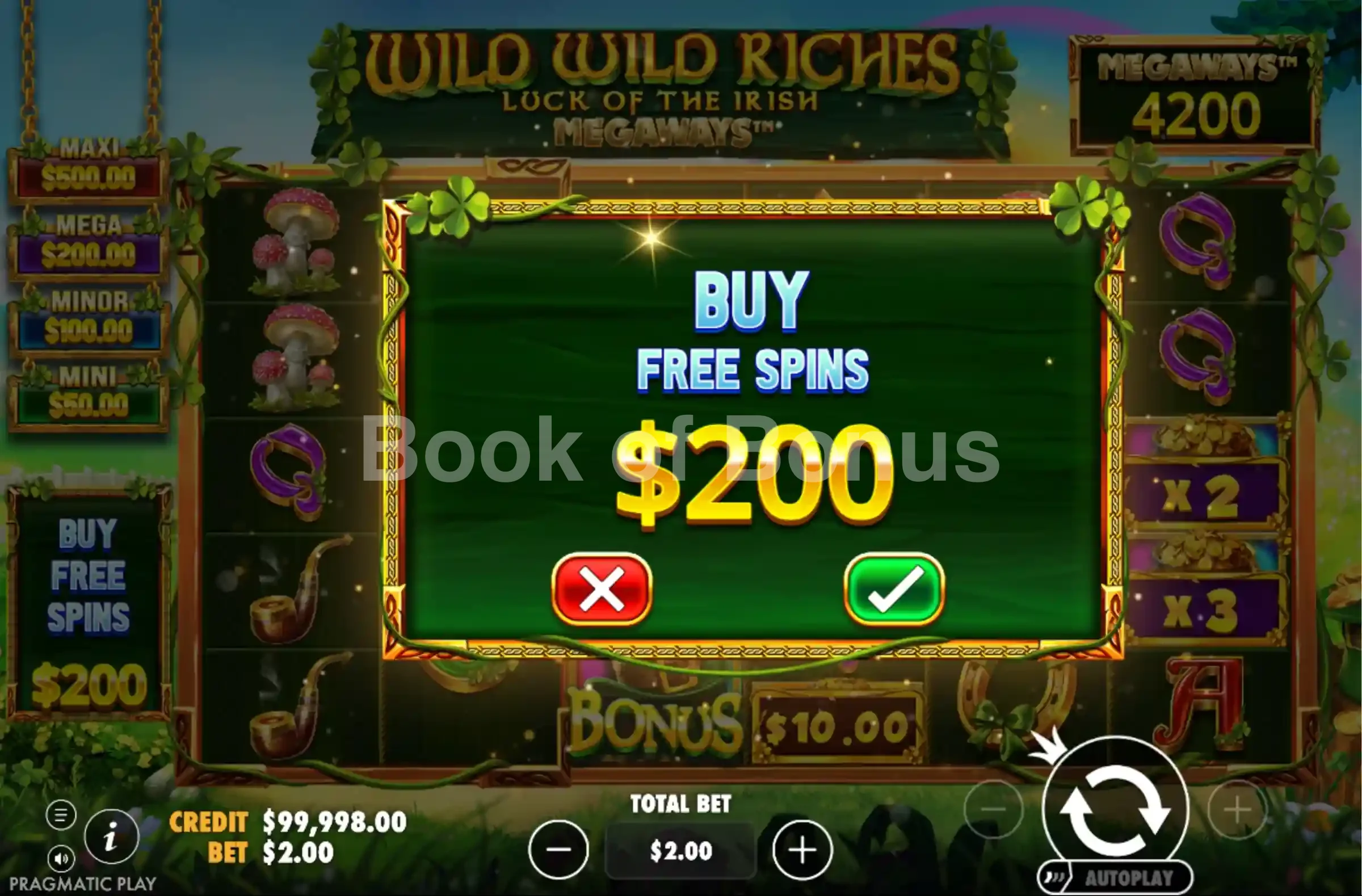 Wild Wild Riches Megaways par Pragmatic Play - menu d'achat de bonus et options
