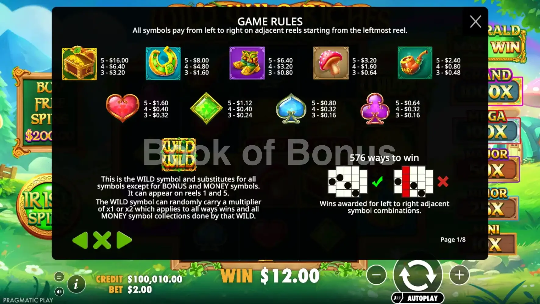 Tableau des gains Wild Wild Riches Returns
