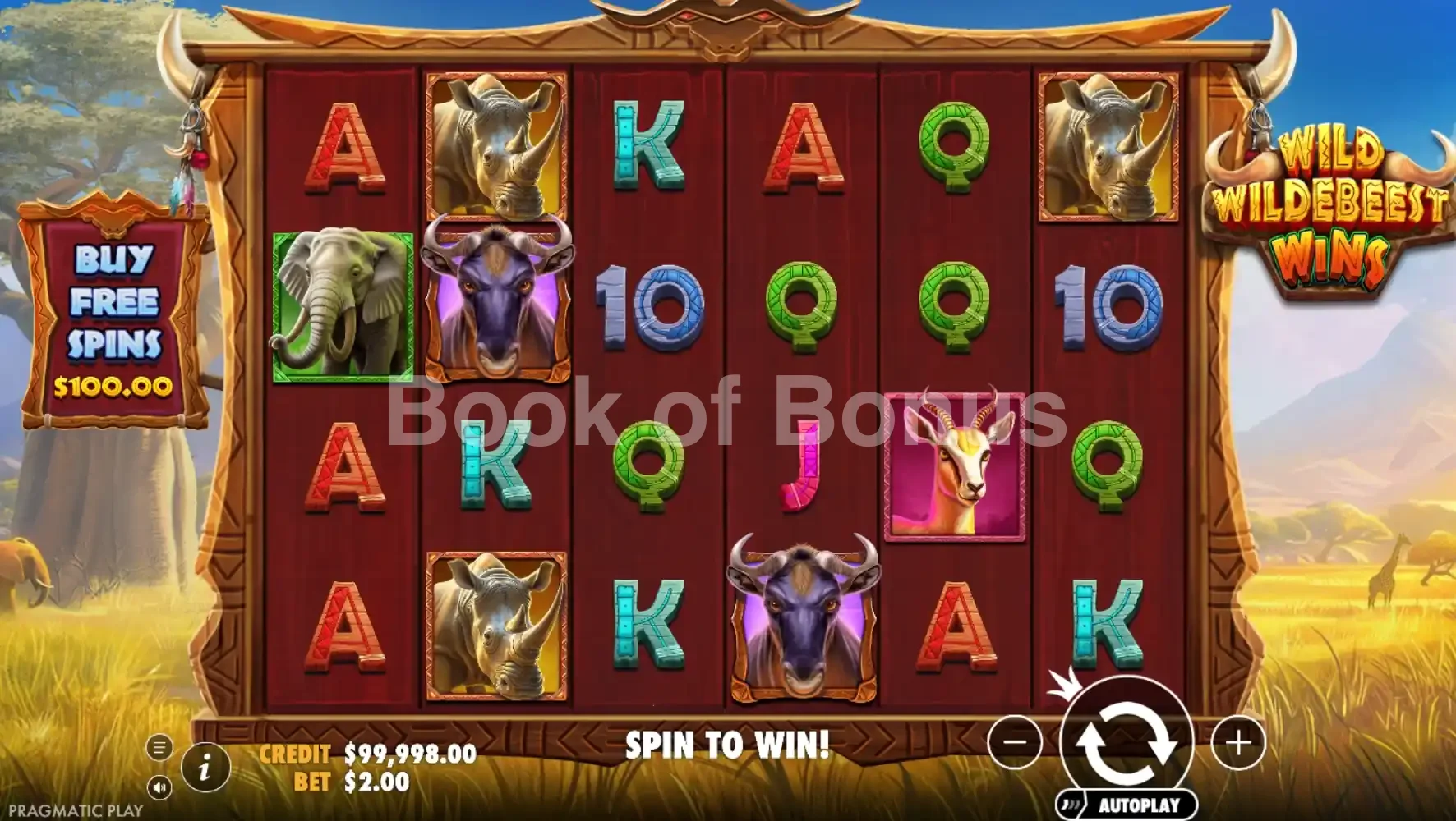 Wild Wildebeest Wins par Pragmatic Play - jeu de base et disposition des rouleaux