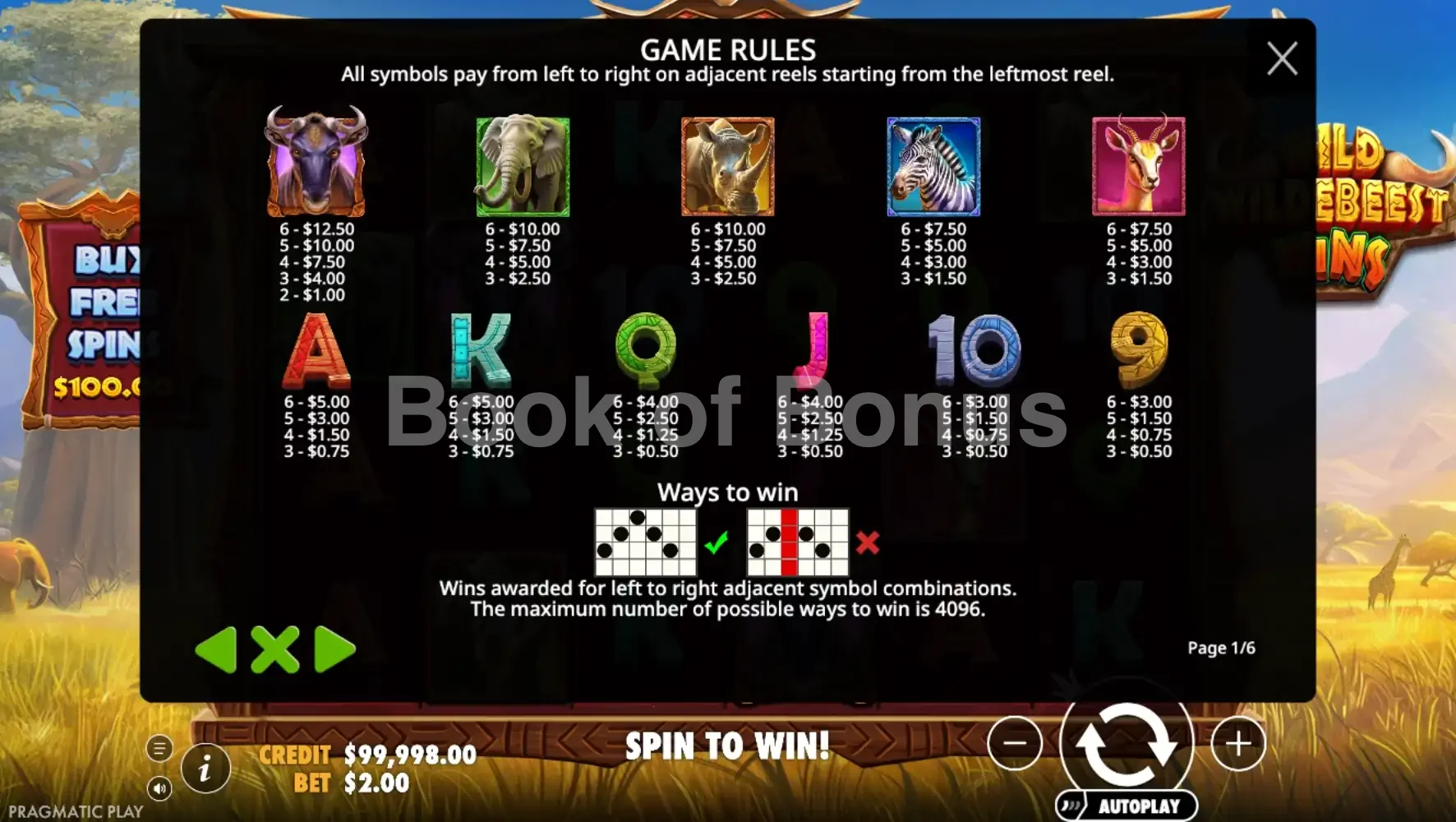 Wild Wildebeest Wins par Pragmatic Play - table des gains et valeurs des symboles