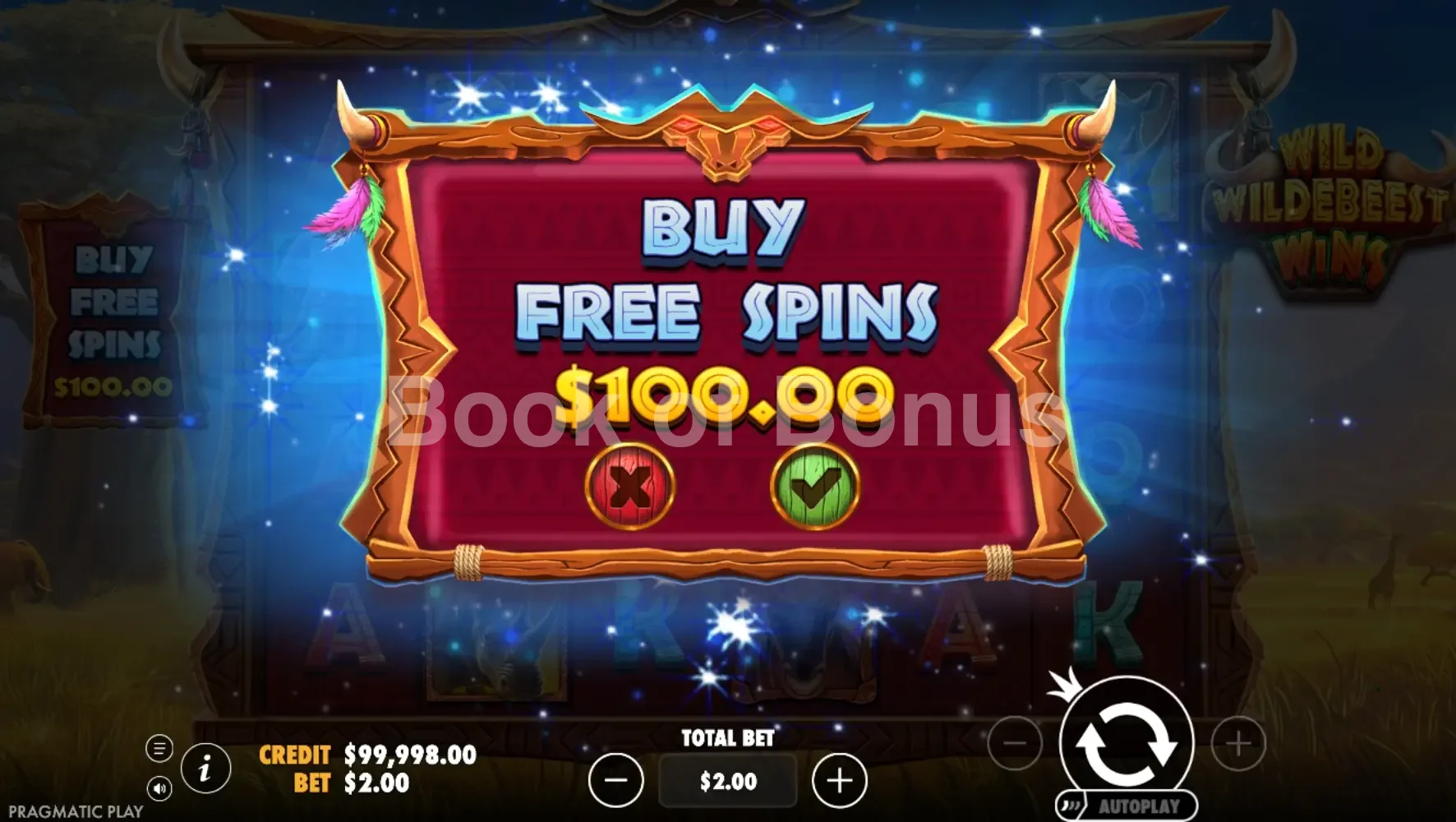 Wild Wildebeest Wins par Pragmatic Play - menu d'achat de bonus et options