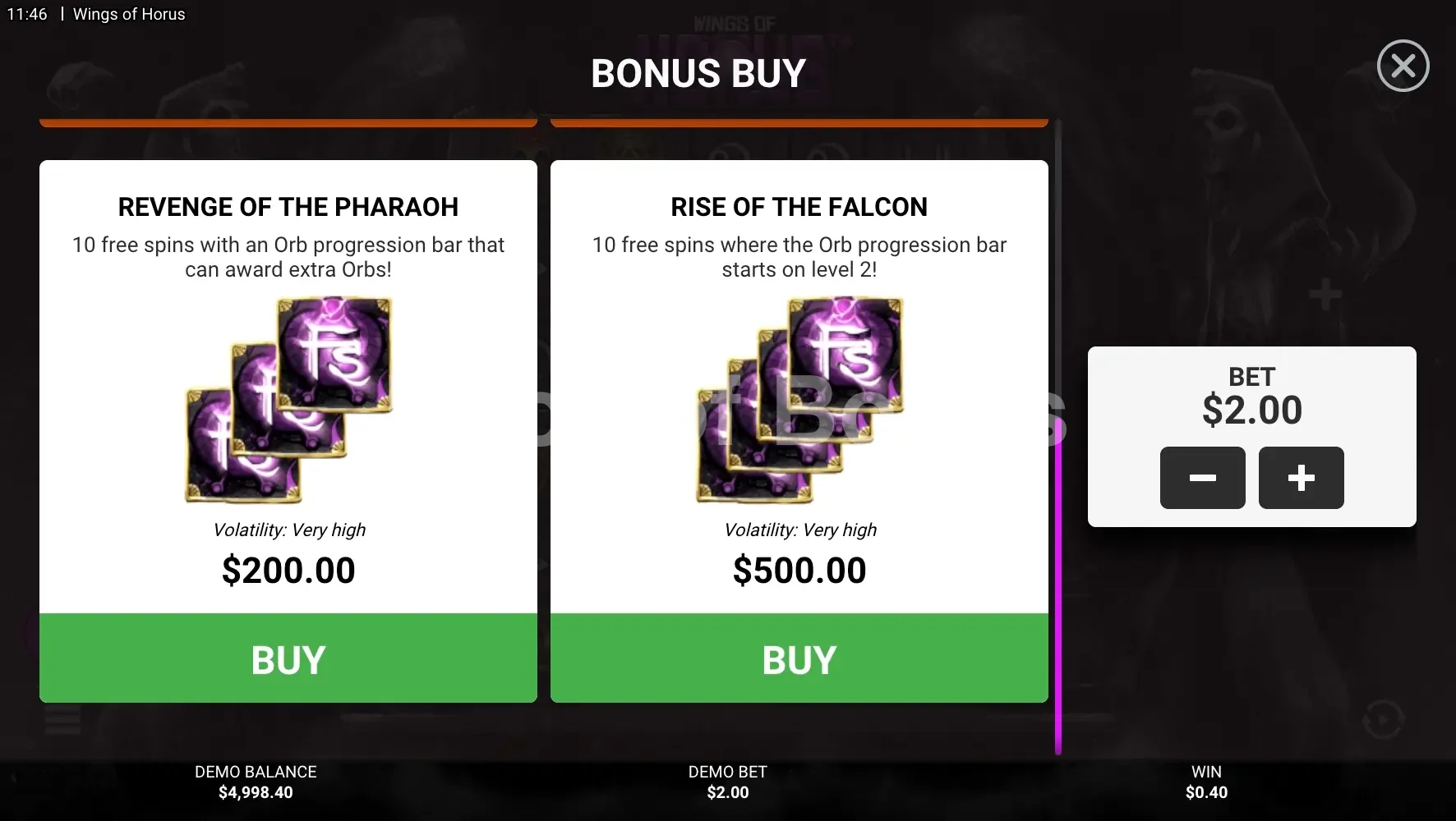 Wings of Horus par Hacksaw Gaming - menu d'achat de bonus et options