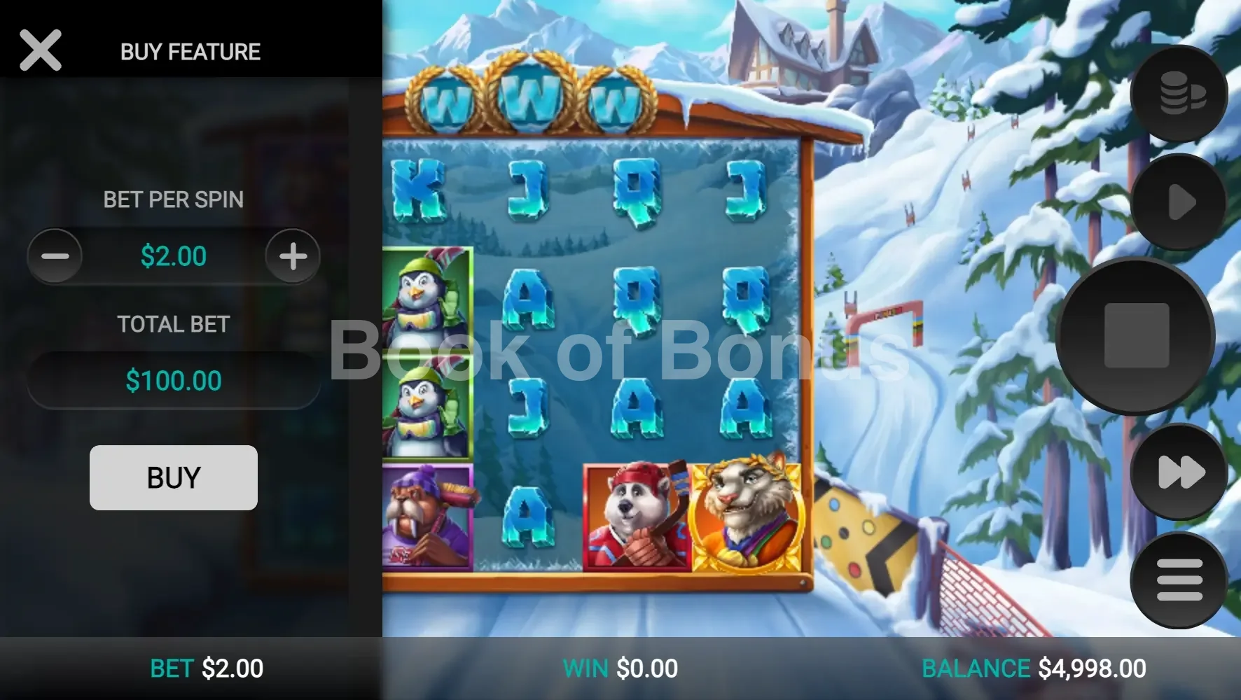 Winter Champions par Relax Gaming - menu d'achat de bonus et options
