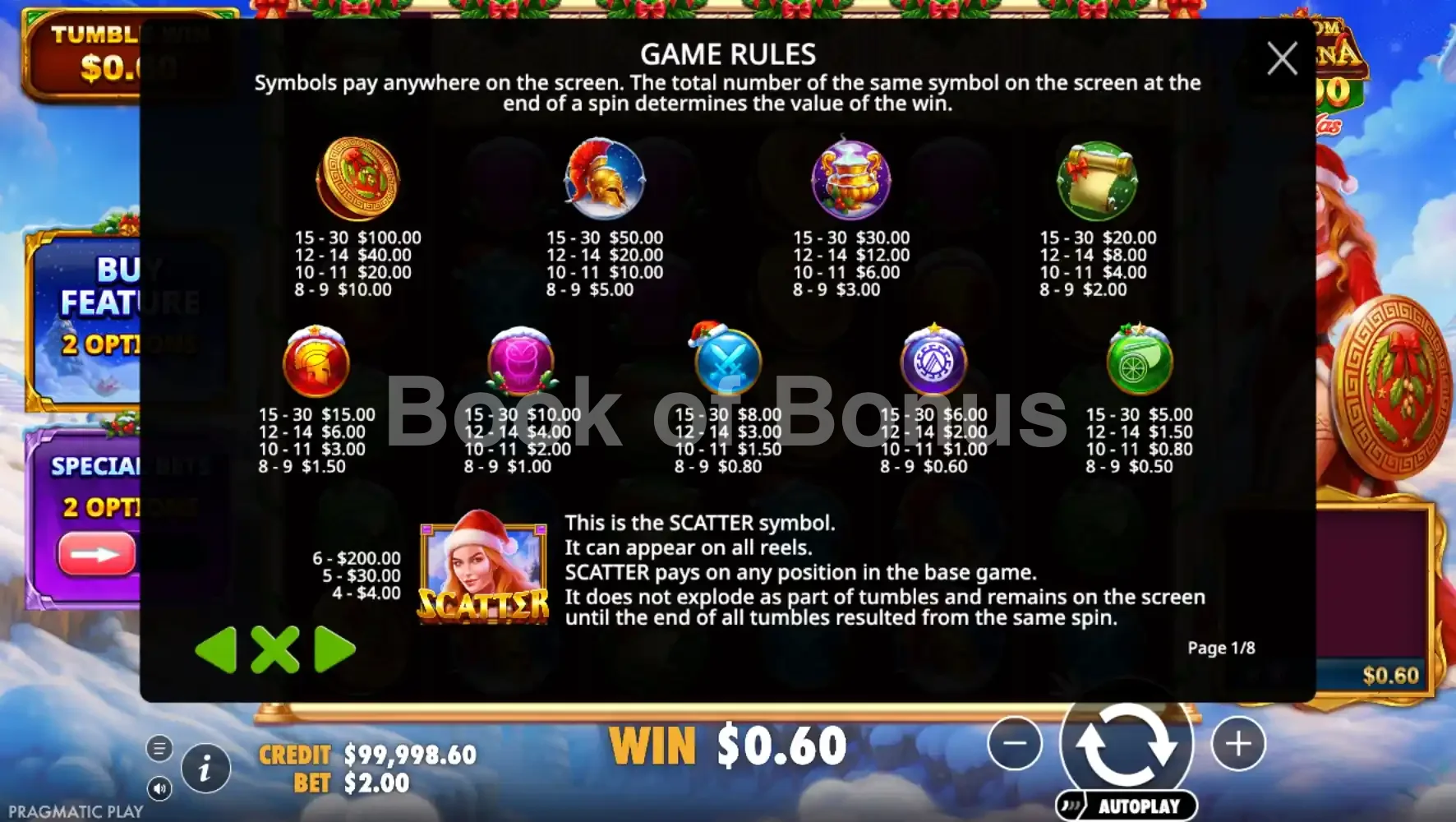 Wisdom of Athena 1000 Xmas par Pragmatic Play - table des gains et valeurs des symboles