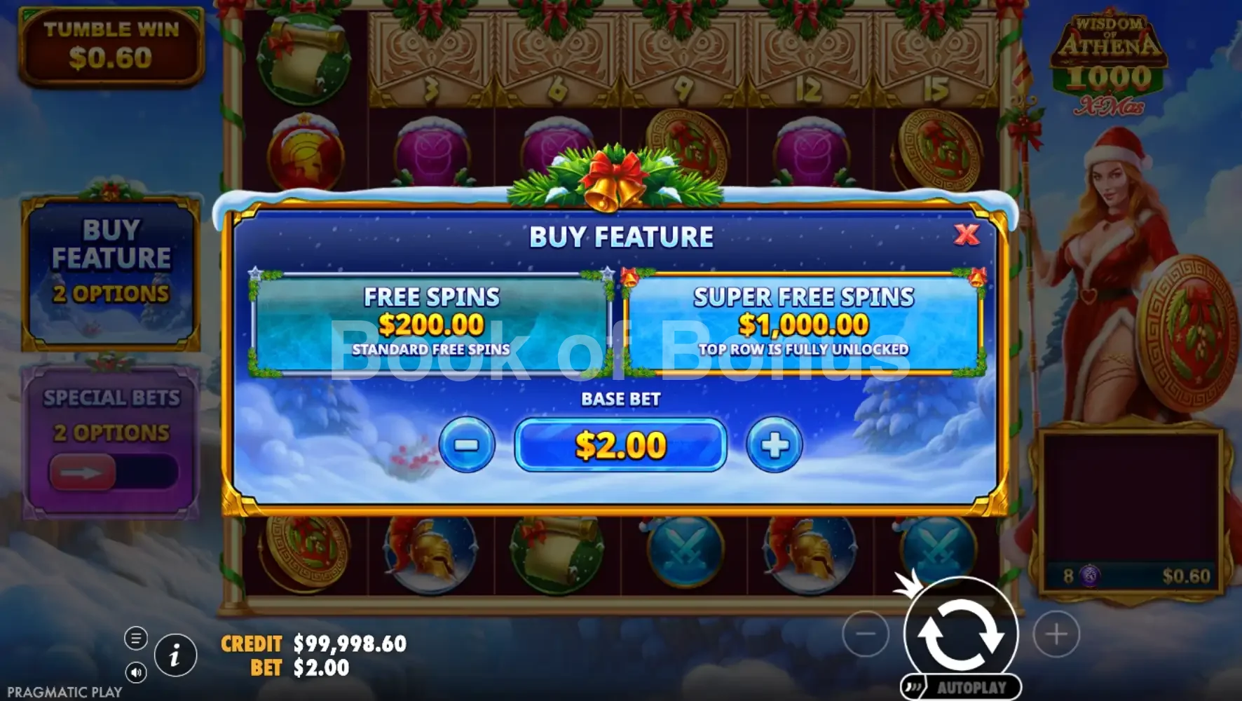Wisdom of Athena 1000 Xmas par Pragmatic Play - menu d'achat de bonus et options