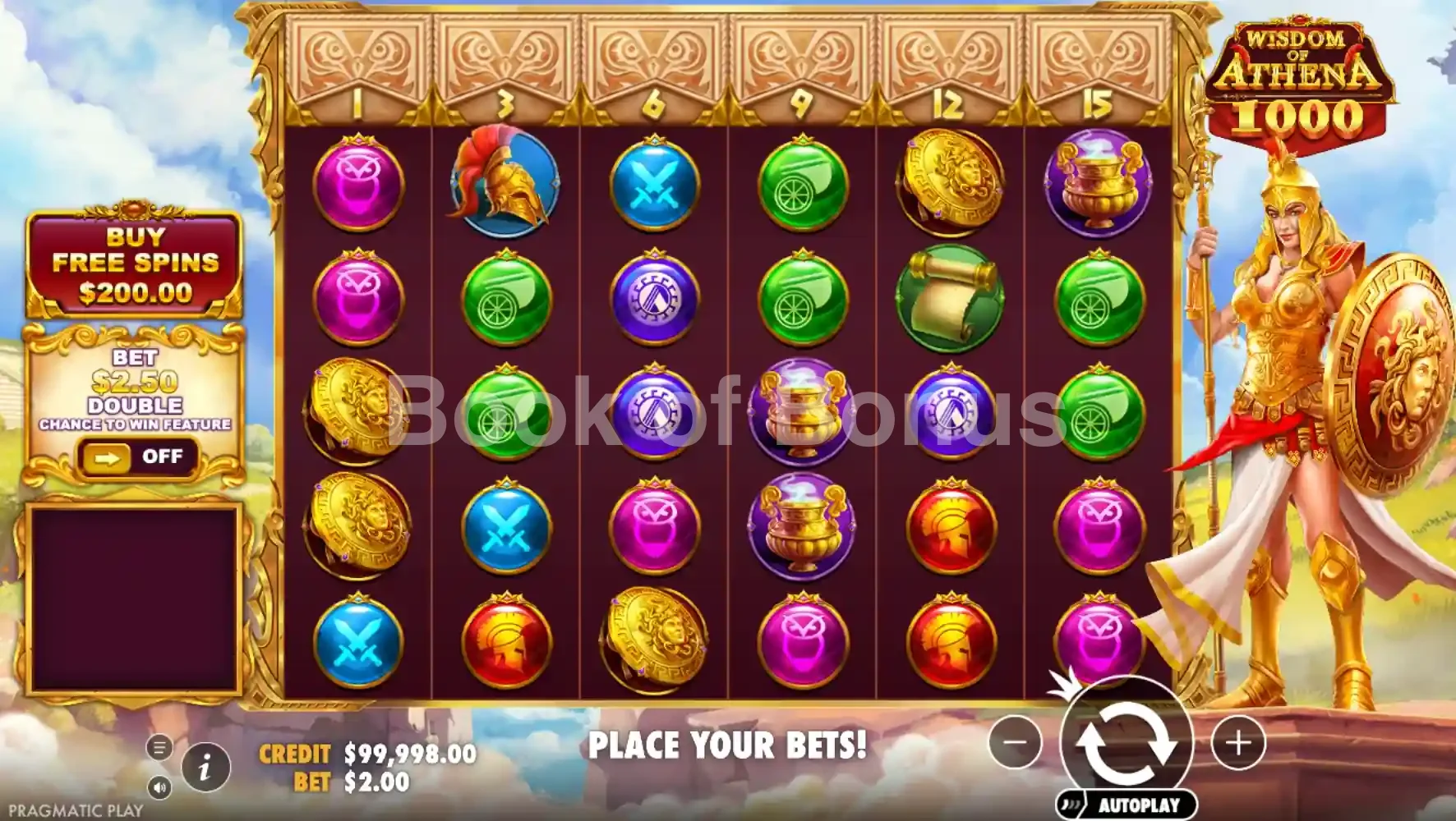 Wisdom of Athena 1000 par Pragmatic Play - jeu de base et disposition des rouleaux