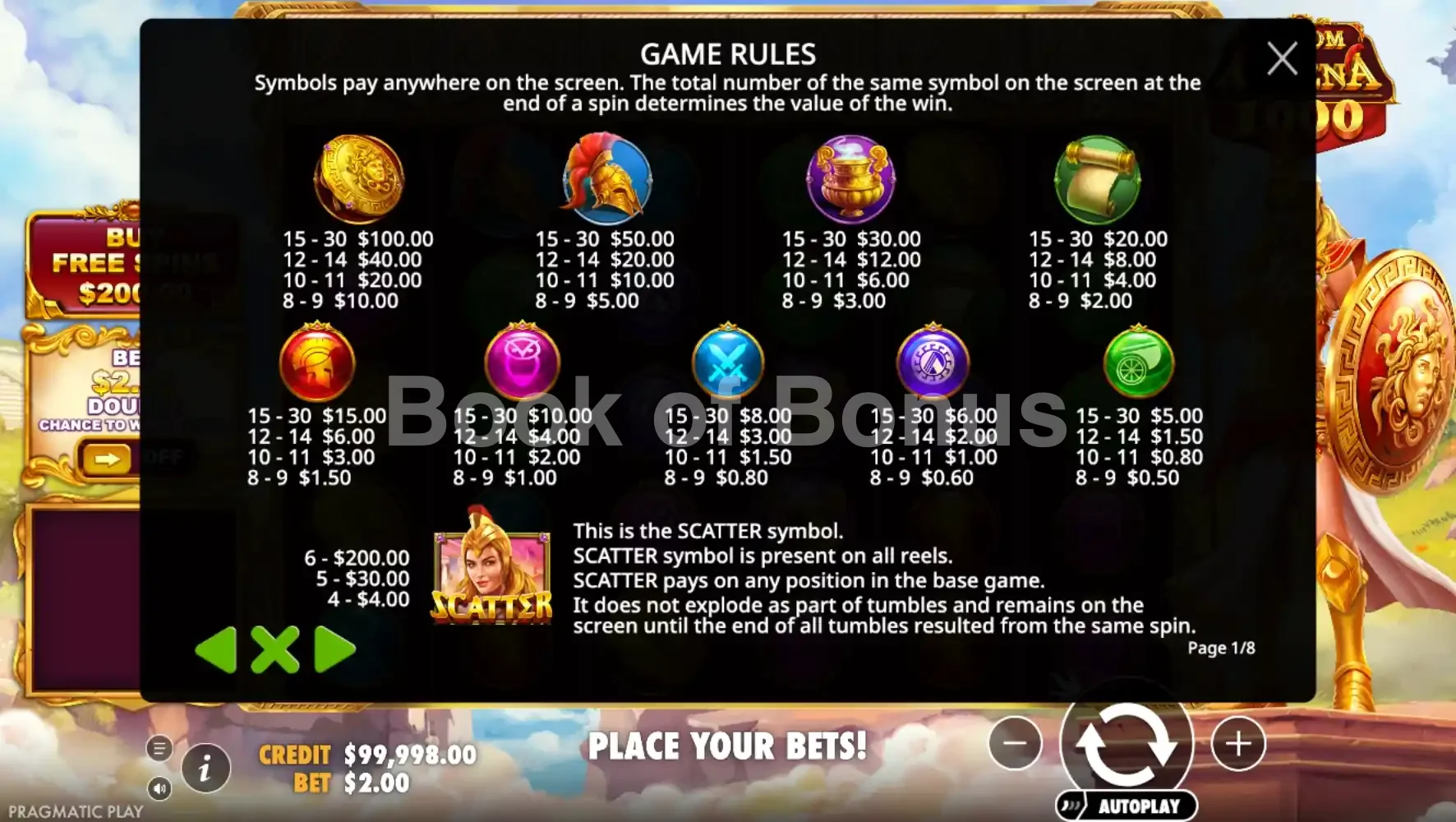 Wisdom of Athena 1000 par Pragmatic Play - table des gains et valeurs des symboles