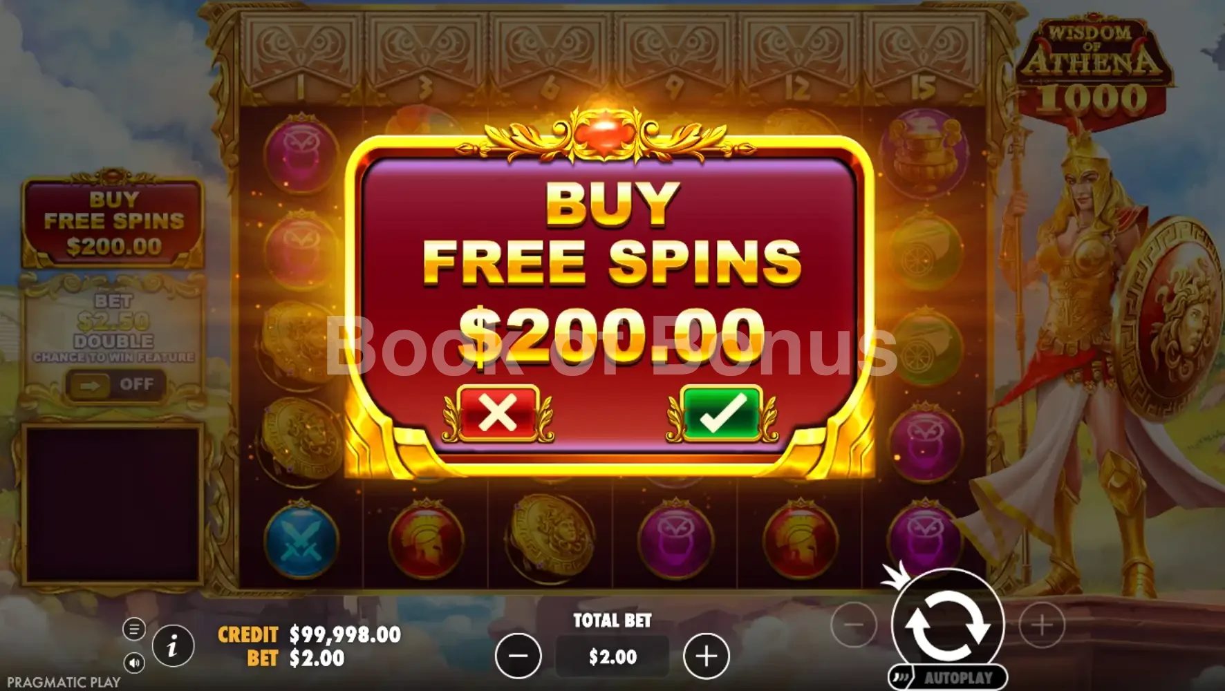 Wisdom of Athena 1000 par Pragmatic Play - menu d'achat de bonus et options