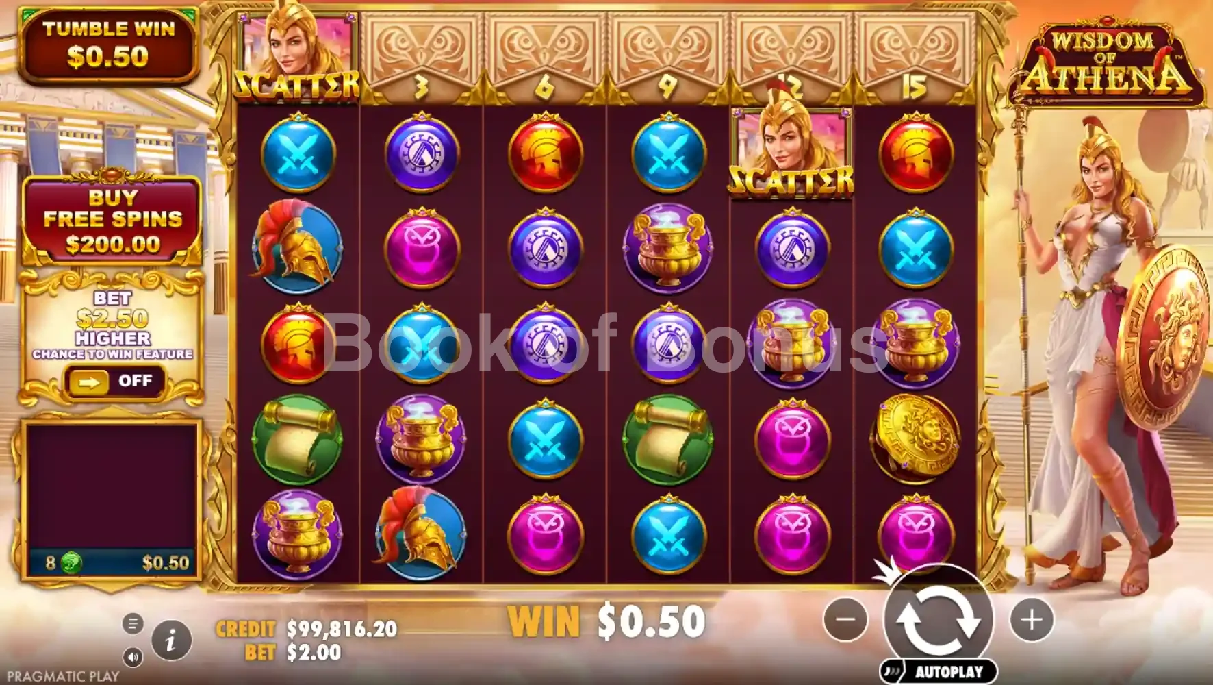 Wisdom of Athena par Pragmatic Play - jeu de base et disposition des rouleaux