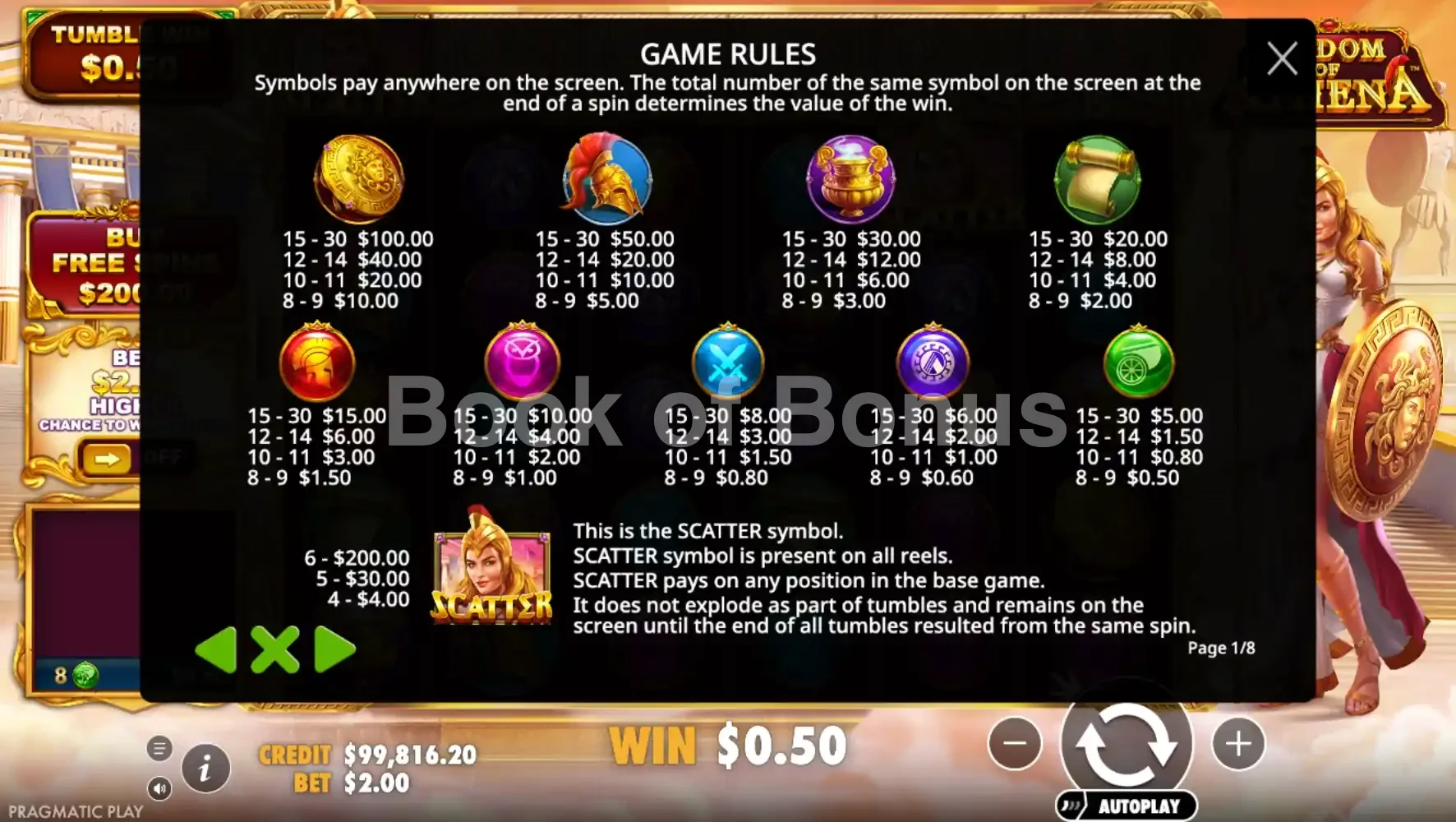 Wisdom of Athena par Pragmatic Play - table des gains et valeurs des symboles