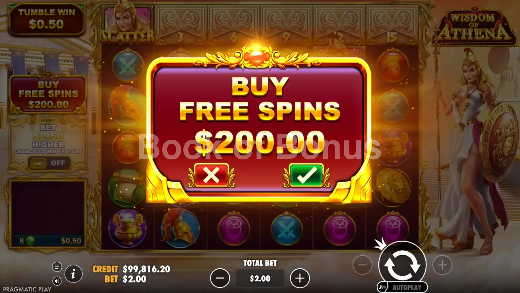 Wisdom of Athena par Pragmatic Play - menu d'achat de bonus et options