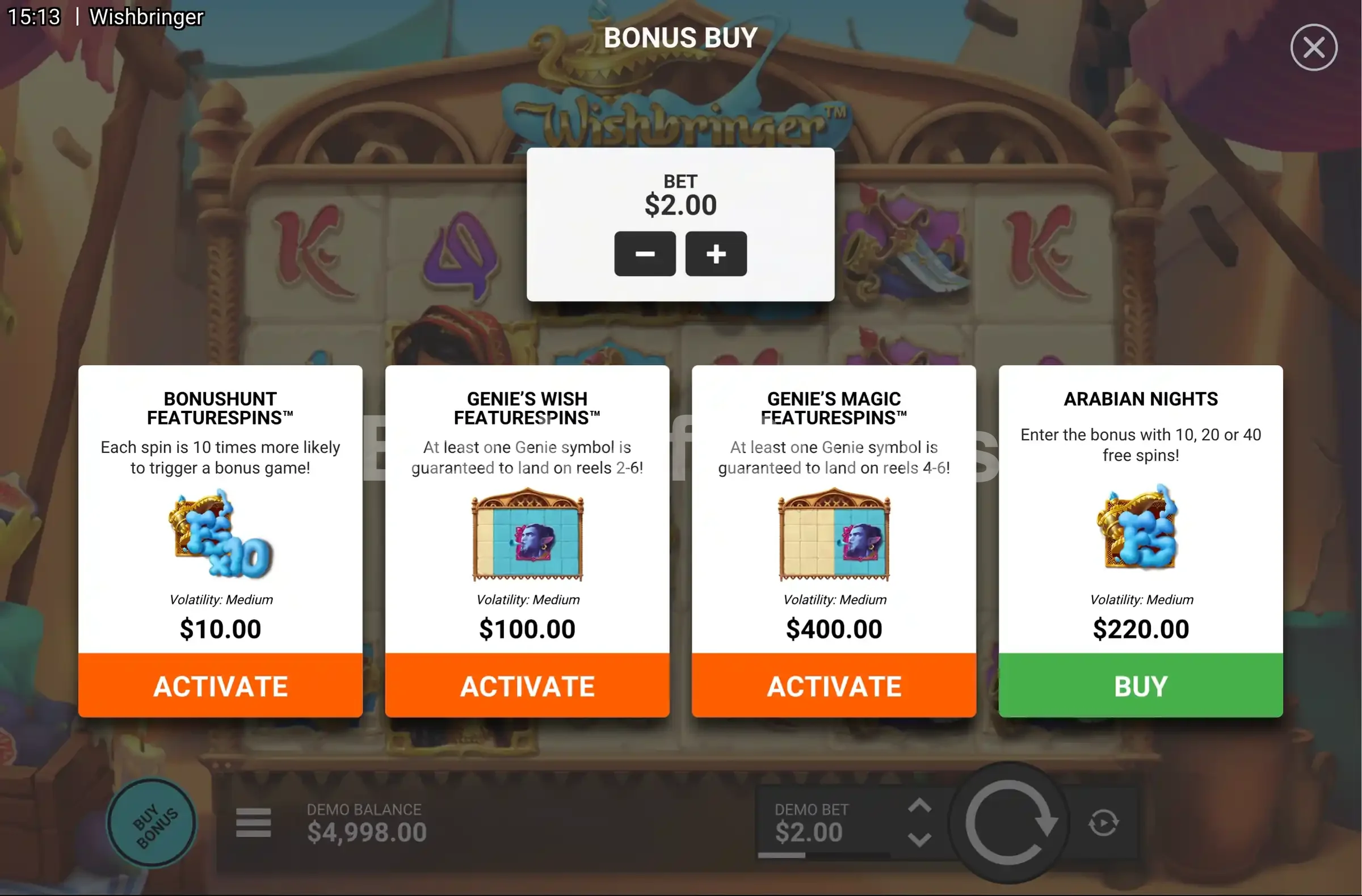 Wishbringer par Hacksaw Gaming - menu d'achat de bonus et options