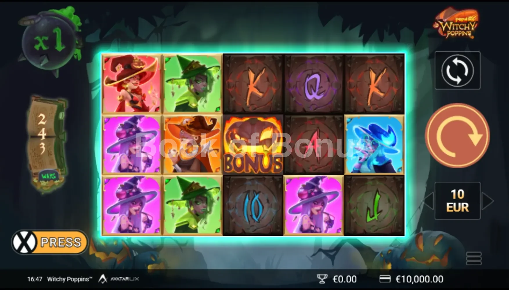 Witchy Poppins par Avatar UX - jeu de base et disposition des rouleaux