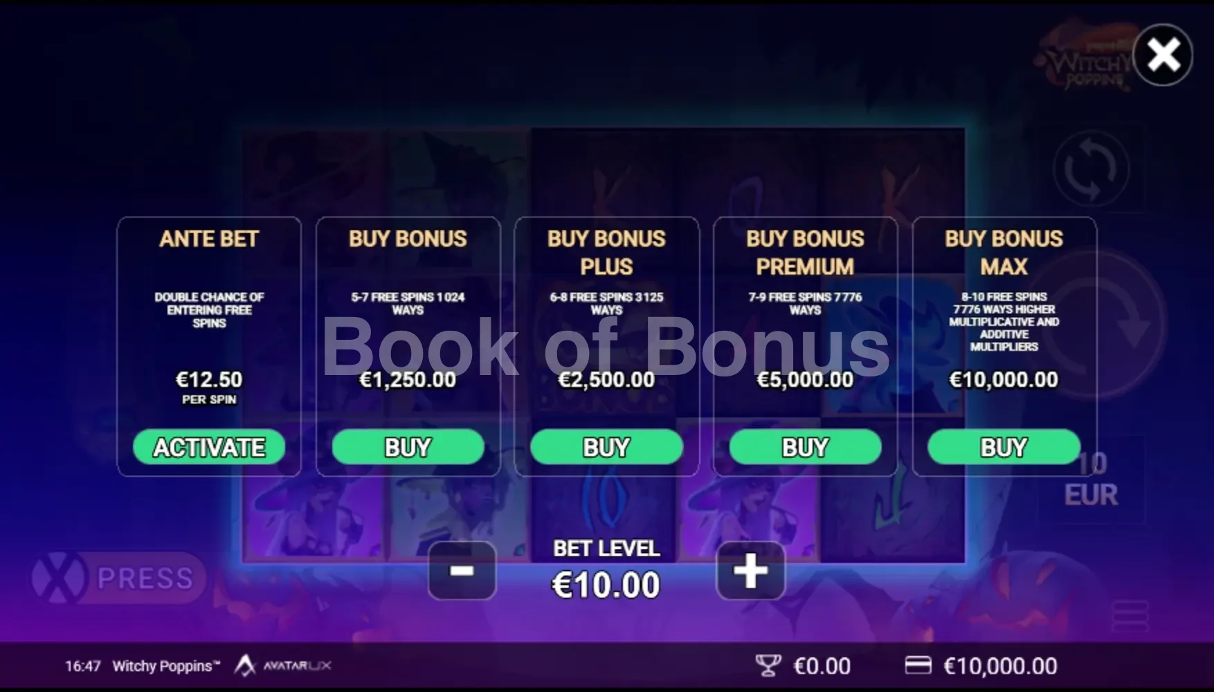Witchy Poppins par Avatar UX - menu d'achat de bonus et options