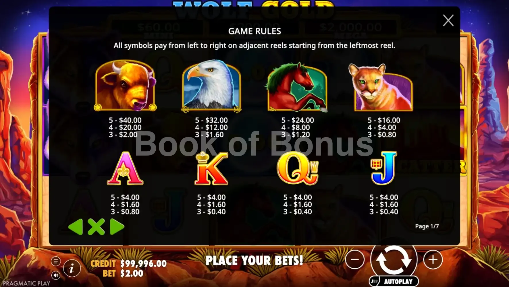 Tableau des gains Wolf Gold Power Jackpot