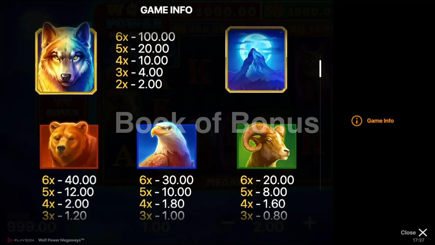 Wolf Power Megaways par Playson - table des gains et valeurs des symboles