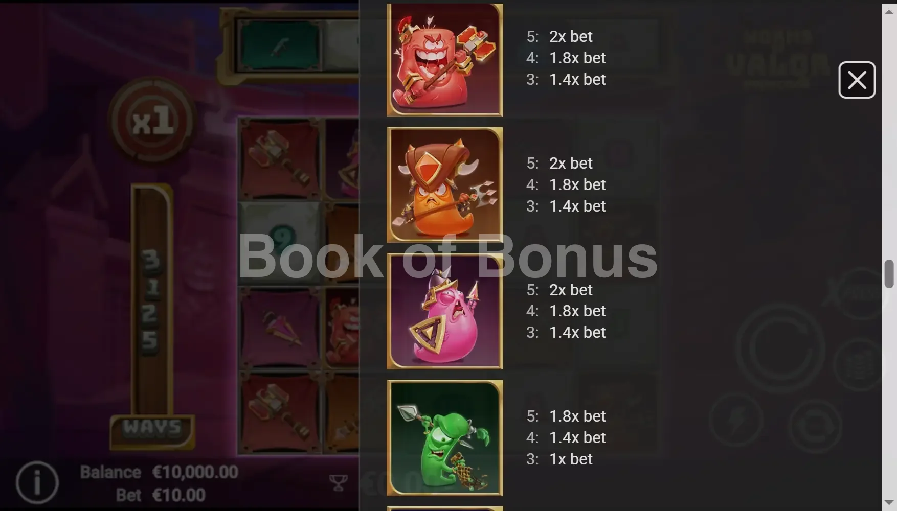 Worms of Valor par Avatar UX - table des gains et valeurs des symboles