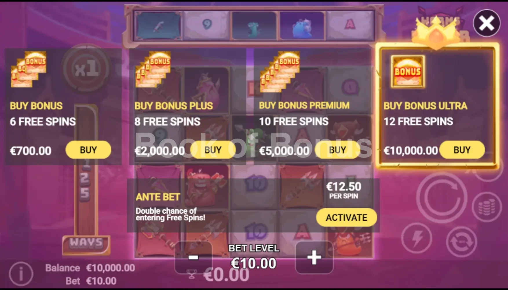 Worms of Valor par Avatar UX - menu d'achat de bonus et options