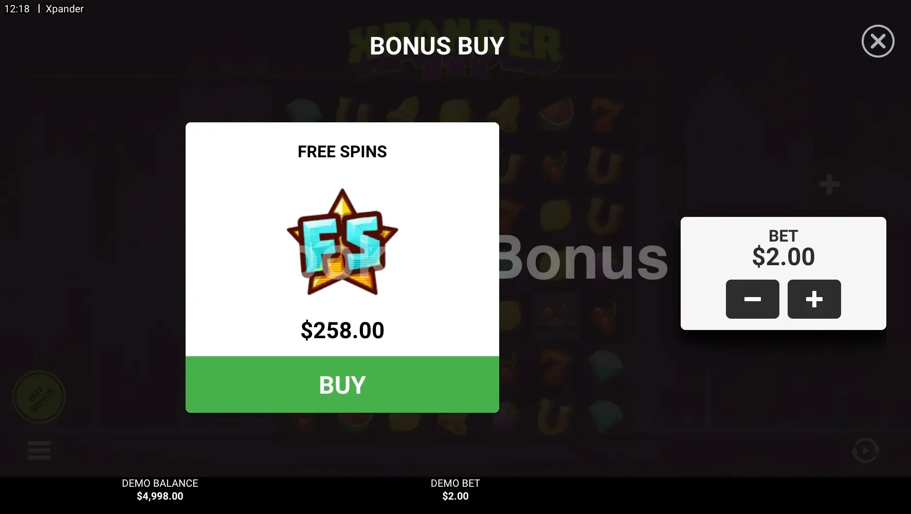 Xpander par Hacksaw Gaming - menu d'achat de bonus et options