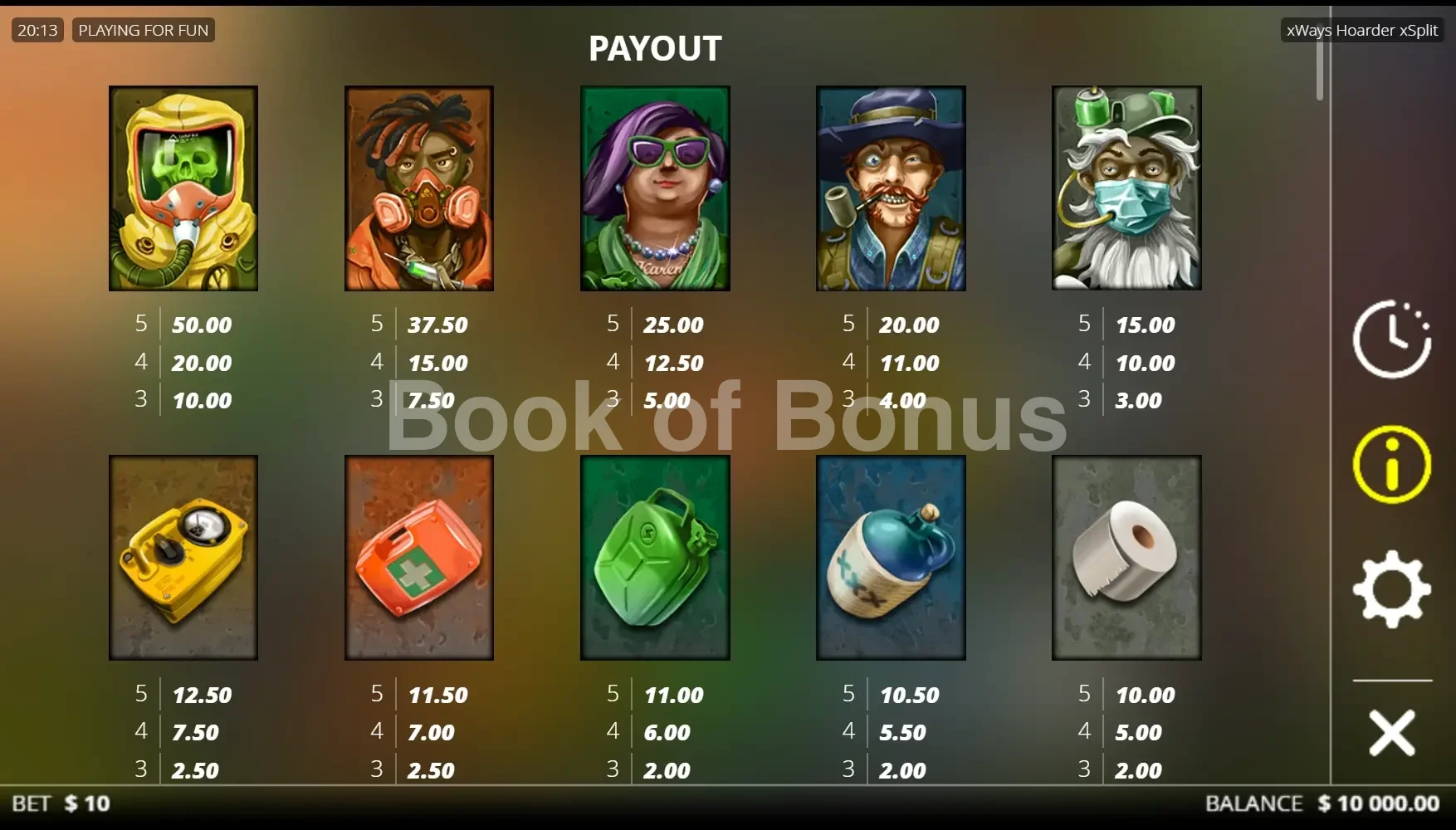 xWays Hoarder xSplit par Nolimit City - table des gains et valeurs des symboles