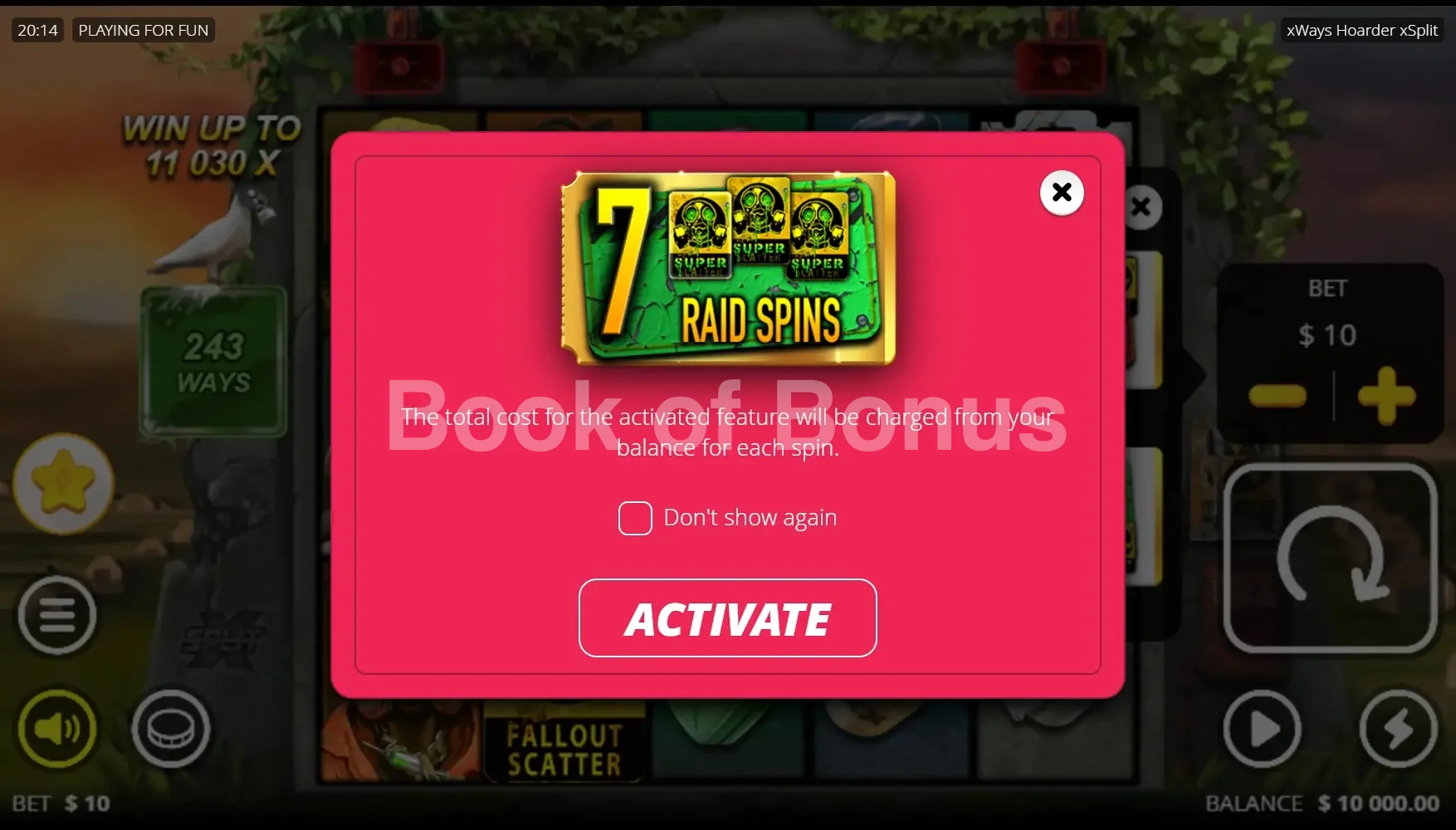 xWays Hoarder xSplit par Nolimit City - menu d'achat de bonus et options