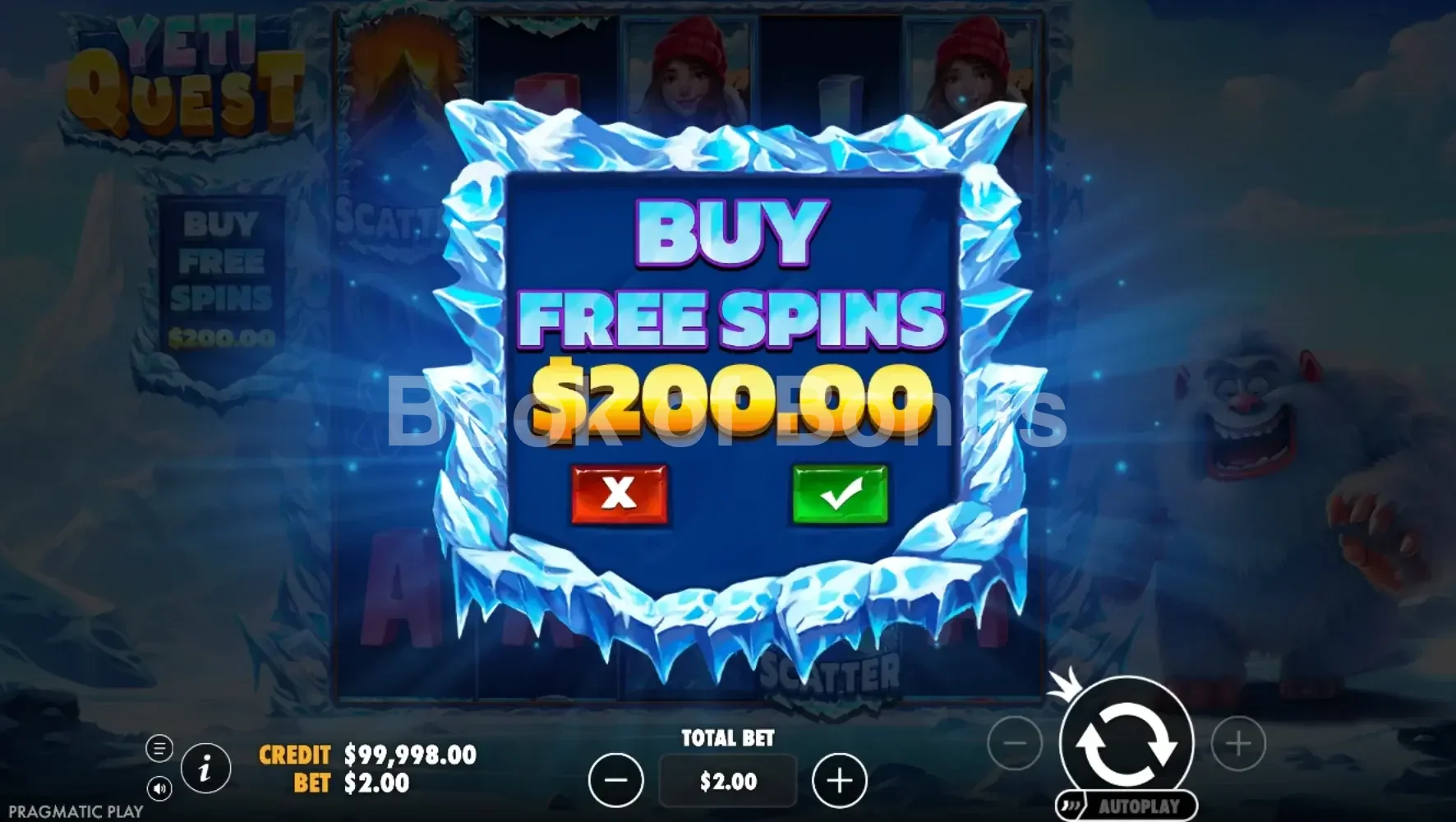 Yeti Quest par Pragmatic Play - menu d'achat de bonus et options