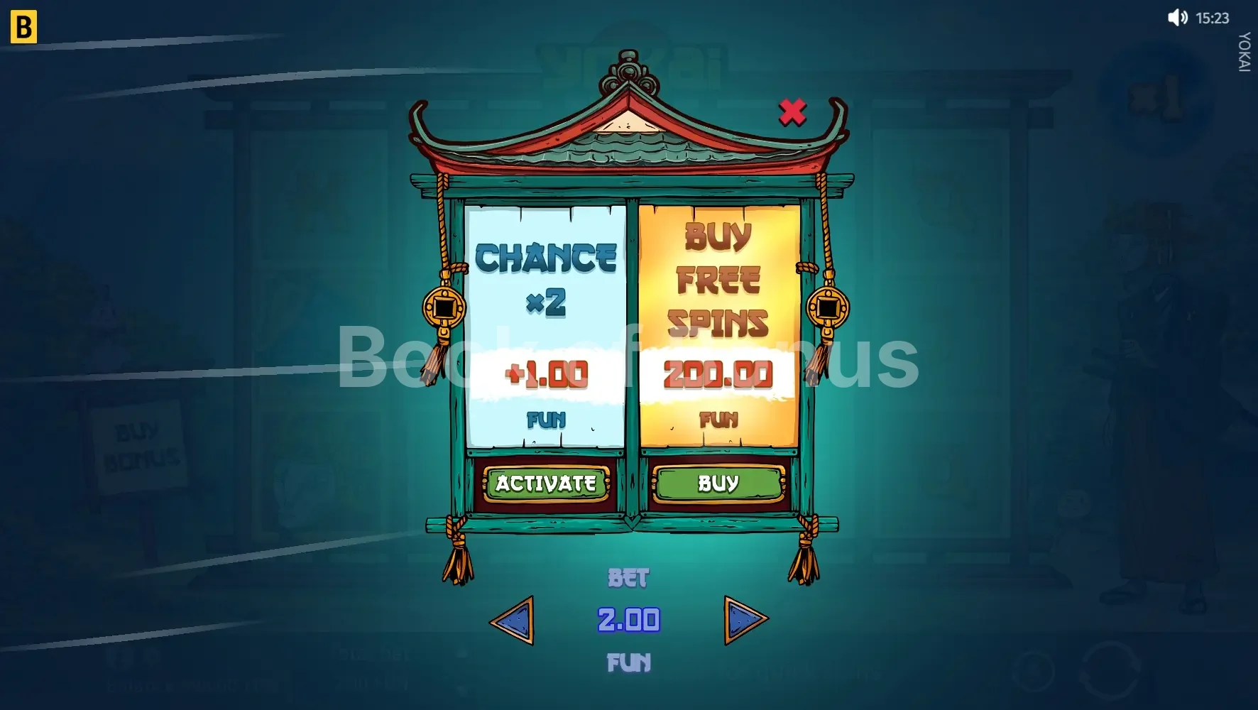 Yokai par BGaming - menu d'achat de bonus et options