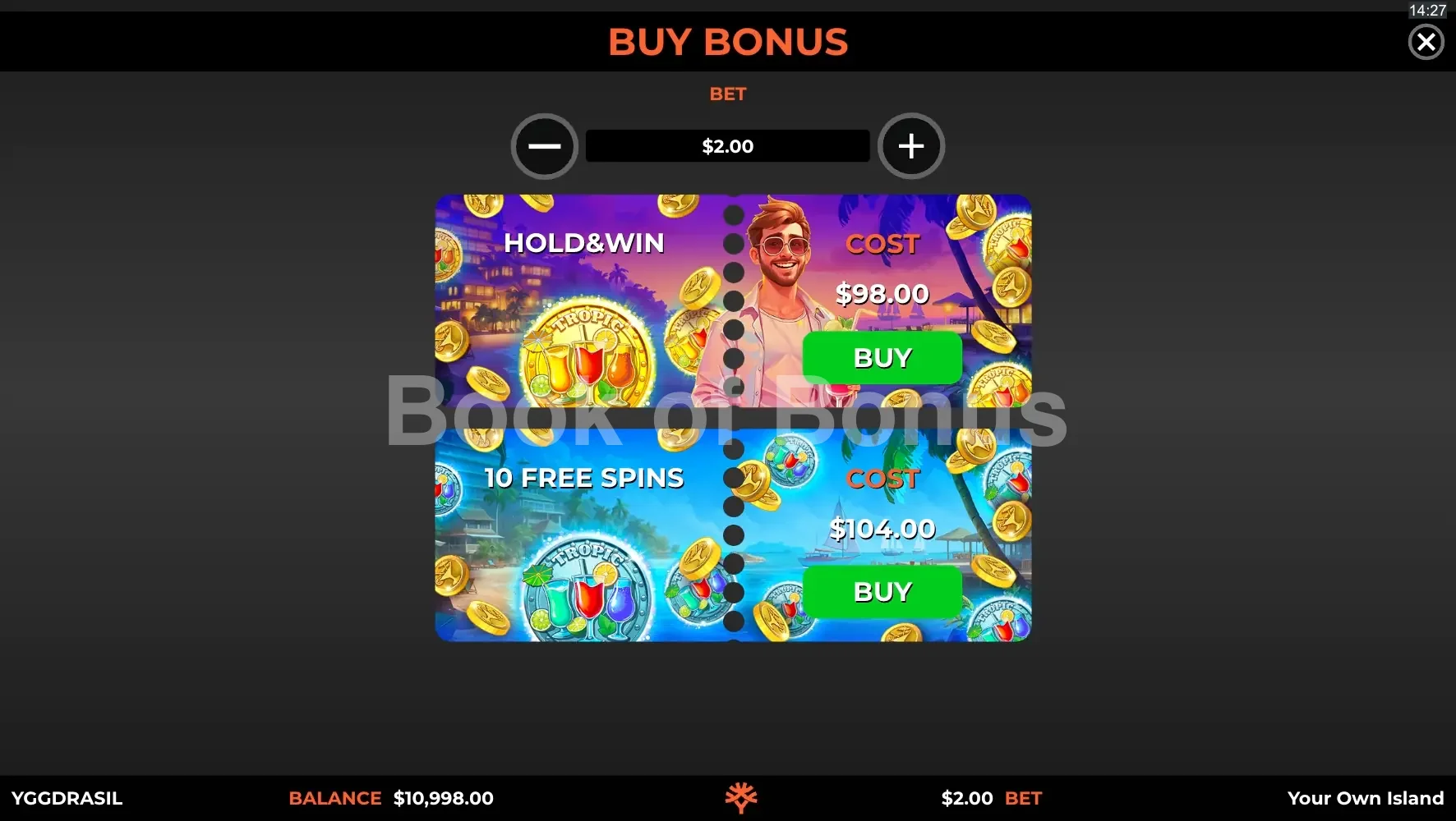 Your Own Island par Yggdrasil - menu d'achat de bonus et options