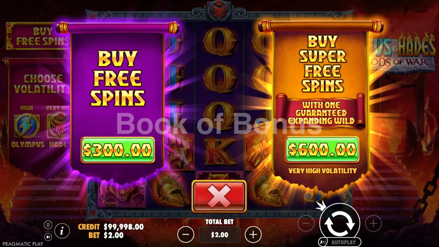 Zeus vs Hades par Pragmatic Play - menu d'achat de bonus et options