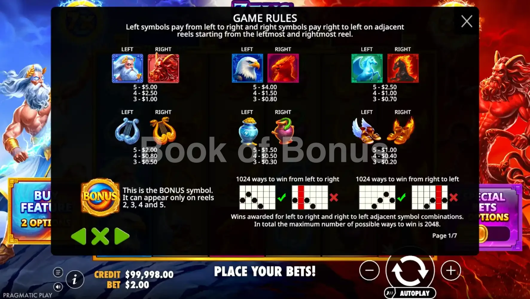 Tableau des paiements Zeus vs Typhon