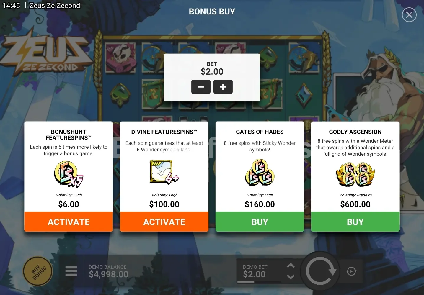 Zeus Ze Zecond par Hacksaw Gaming - menu d'achat de bonus et options