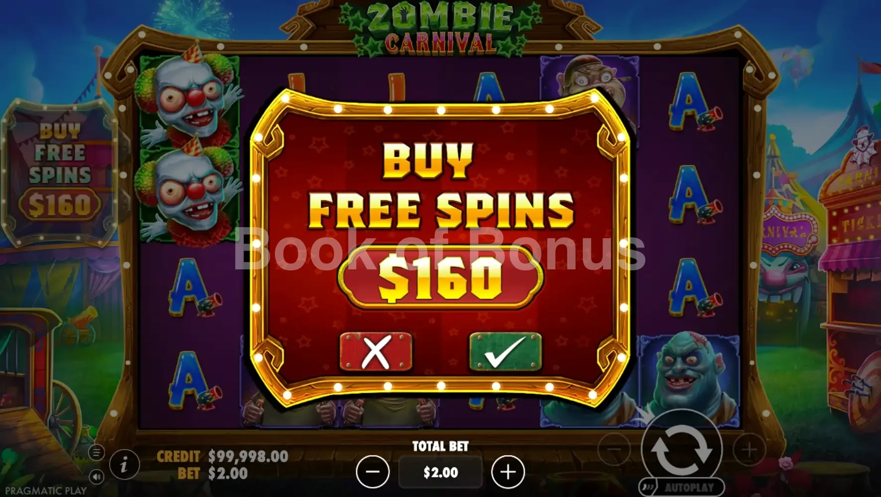 Zombie Carnival par Pragmatic Play - menu d'achat de bonus et options