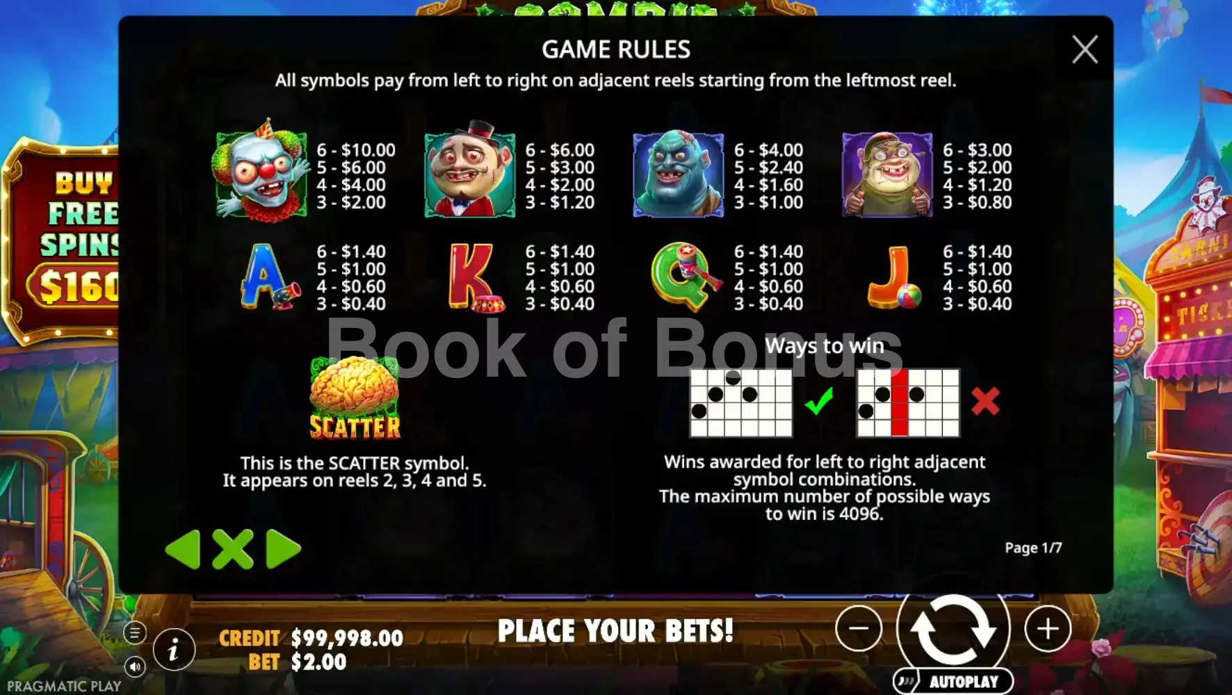 Zombie Carnival par Pragmatic Play - table des gains et valeurs des symboles