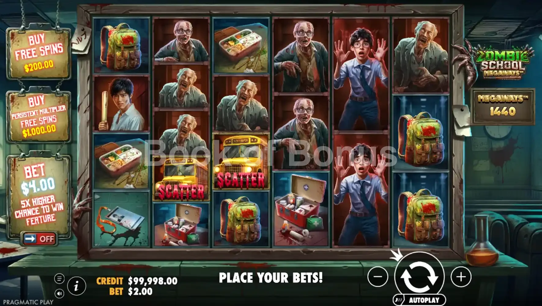 Zombie School Megaways par Pragmatic Play - jeu de base et disposition des rouleaux