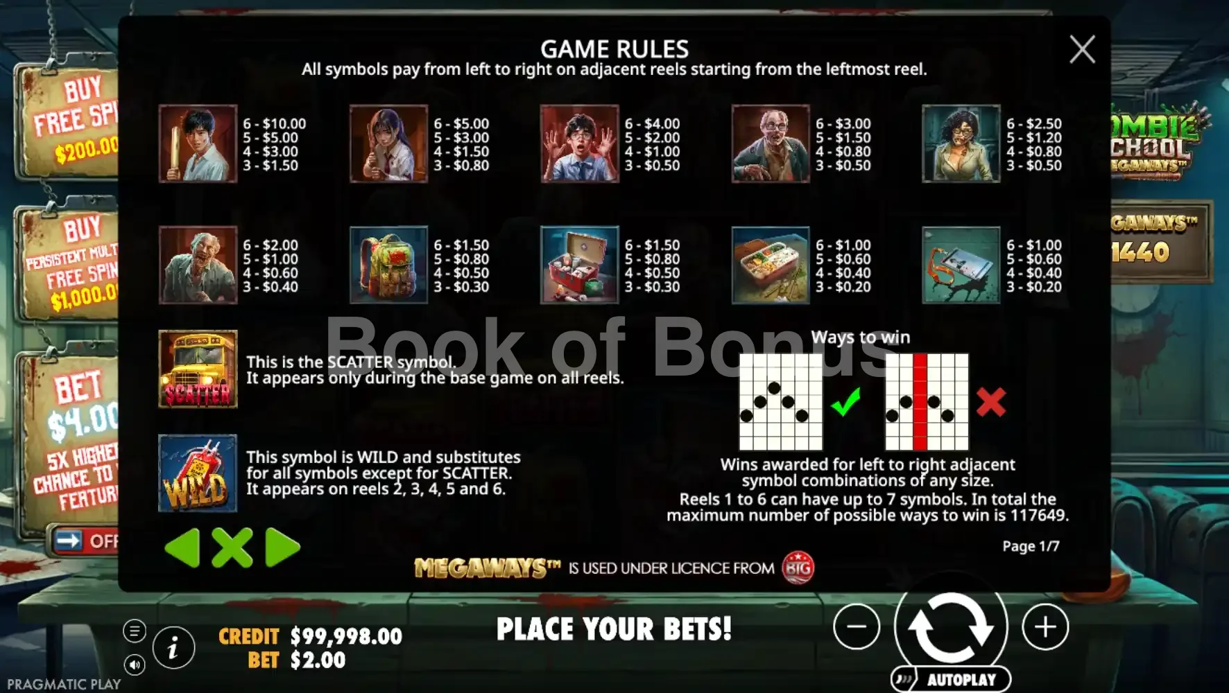 Zombie School Megaways par Pragmatic Play - table des gains et valeurs des symboles
