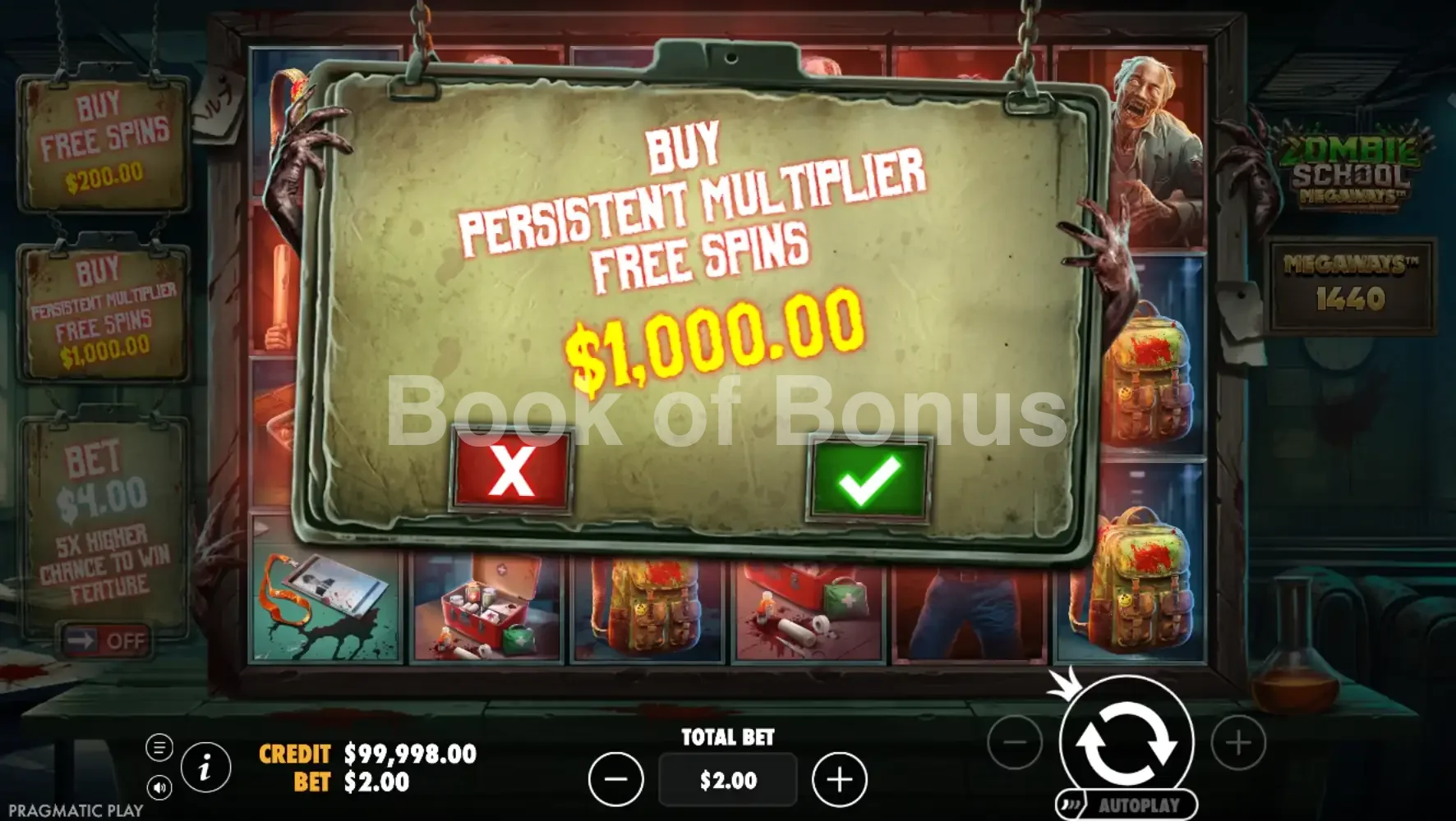 Zombie School Megaways par Pragmatic Play - menu d'achat de bonus et options